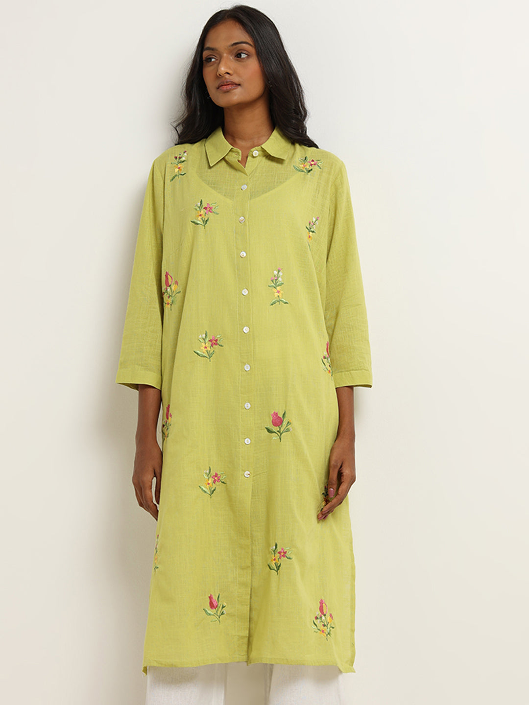 Utsa Lime Embroidered Cotton Kurta