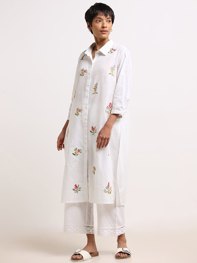 Utsa White Embroidered Cotton Buttoned Down Kurta