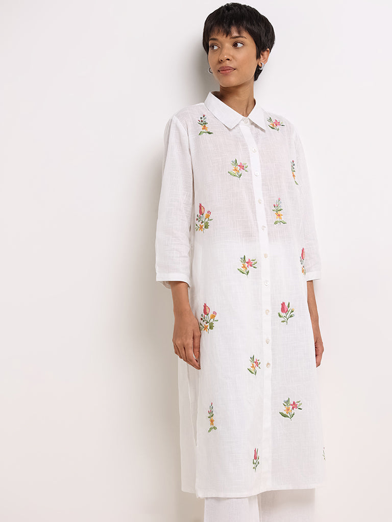 Utsa White Embroidered Cotton Buttoned Down Kurta