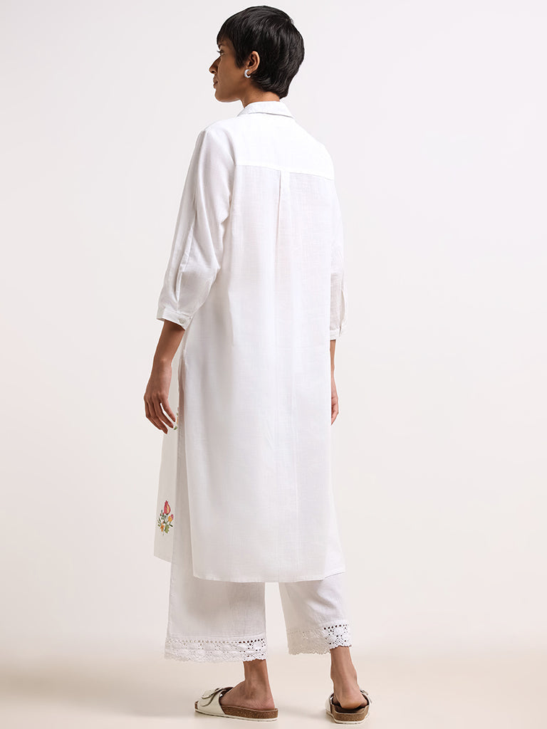 Utsa White Embroidered Cotton Buttoned Down Kurta