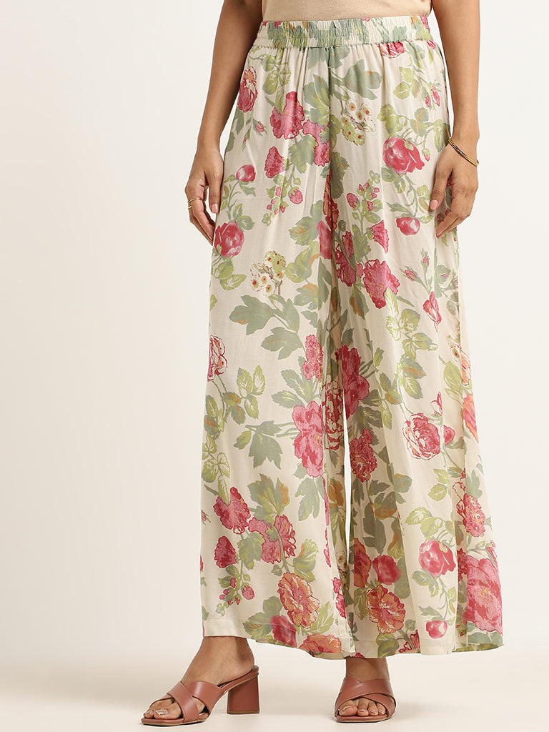 Zuba Off-White Floral Palazzos