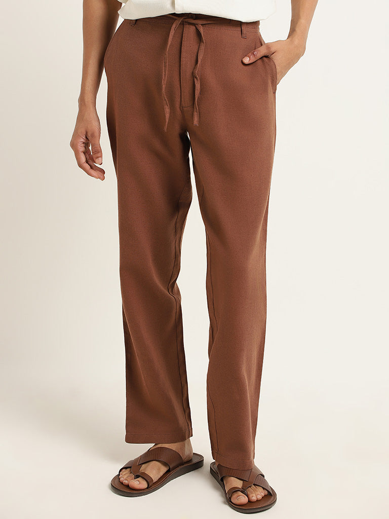 ETA Solid Brown Slim Fit Blended Linen Blended Linen Chinos