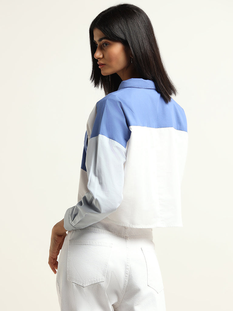 Nuon White Color-Block Cotton Crop Shirt