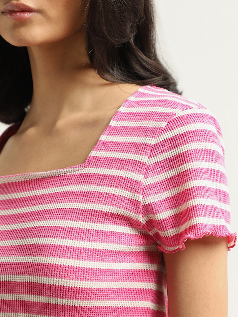 Nuon Pink Striped Cotton Blend T-Shirt