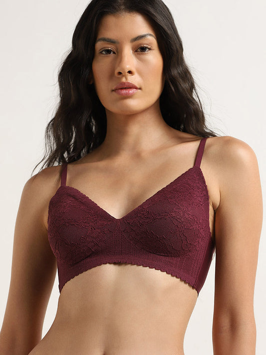 Wunderlove Burgundy Lace Design Invisible Padded Bra