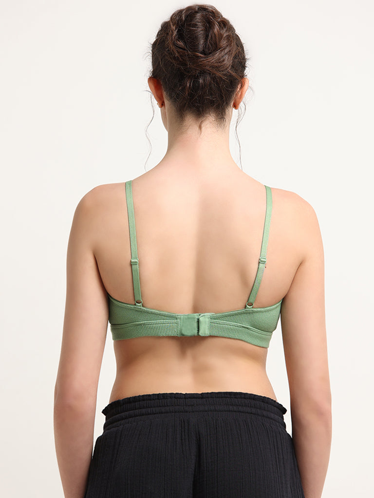 Superstar Green Waffle Textured Cotton Blend Bra