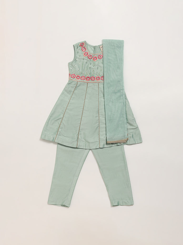 Utsa Kids Green Embroidered Kurta, Pants & Dupatta Set (2 - 8yrs)