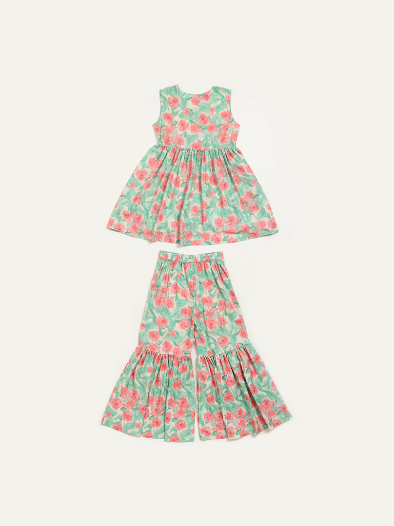 Utsa Kids Green Floral Kurta & Sharara Set (8 -14yrs)