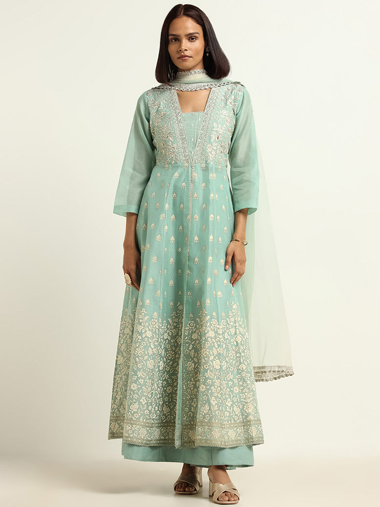 Vark Pista Green Kurta, Skirt & Dupatta Set