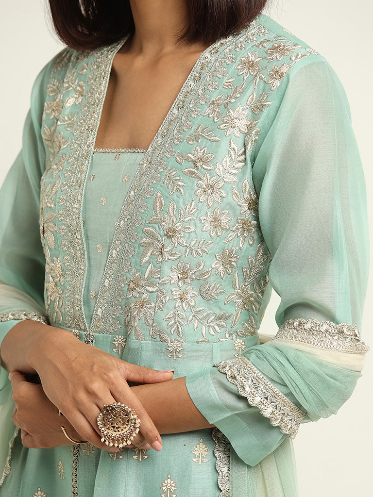 Vark Pista Green Kurta, Skirt & Dupatta Set