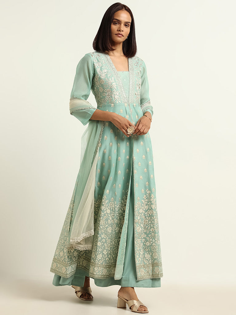 Vark Pista Green Kurta, Skirt & Dupatta Set