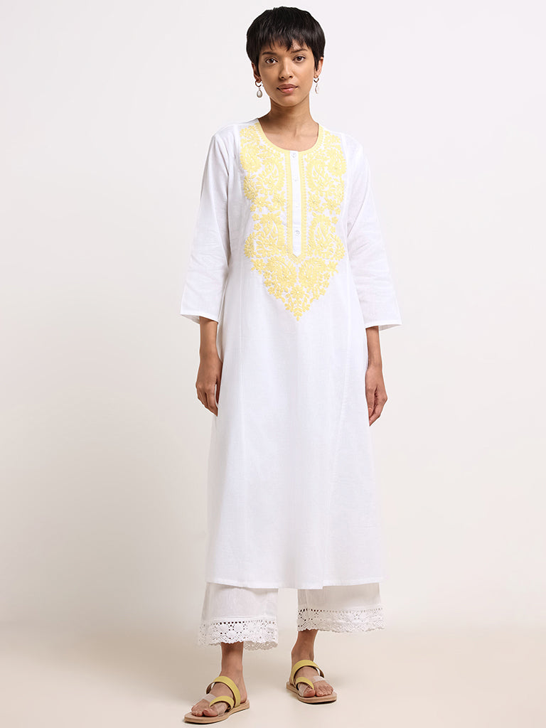 Utsa White Floral Embroidered Cotton Kurta