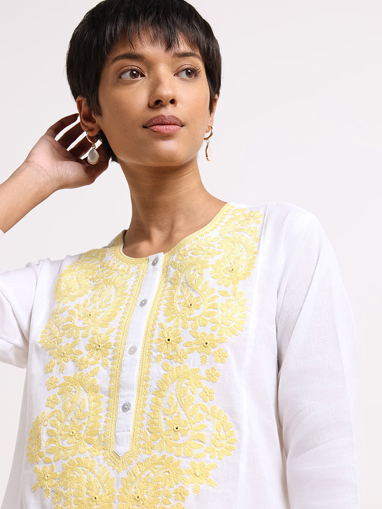 Utsa White Floral Embroidered Cotton Kurta