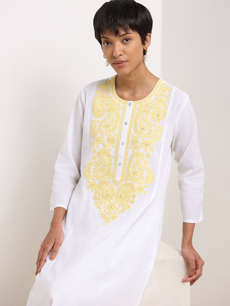 Utsa White Floral Embroidered Cotton Kurta