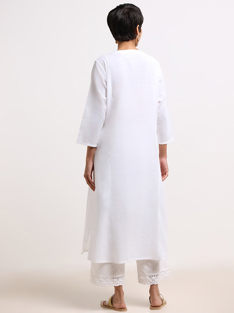 Utsa White Floral Embroidered Cotton Kurta