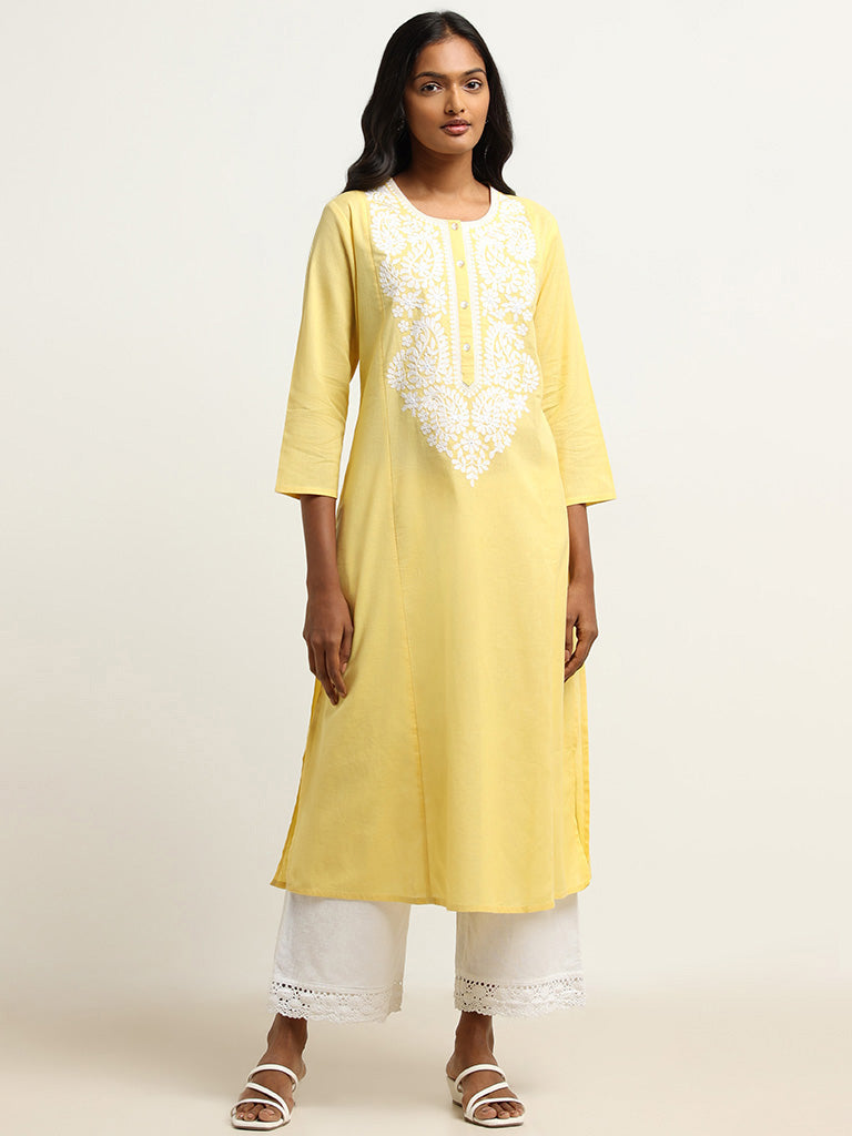 Utsa Yellow Yoke Embroidered Blended Linen Kurta