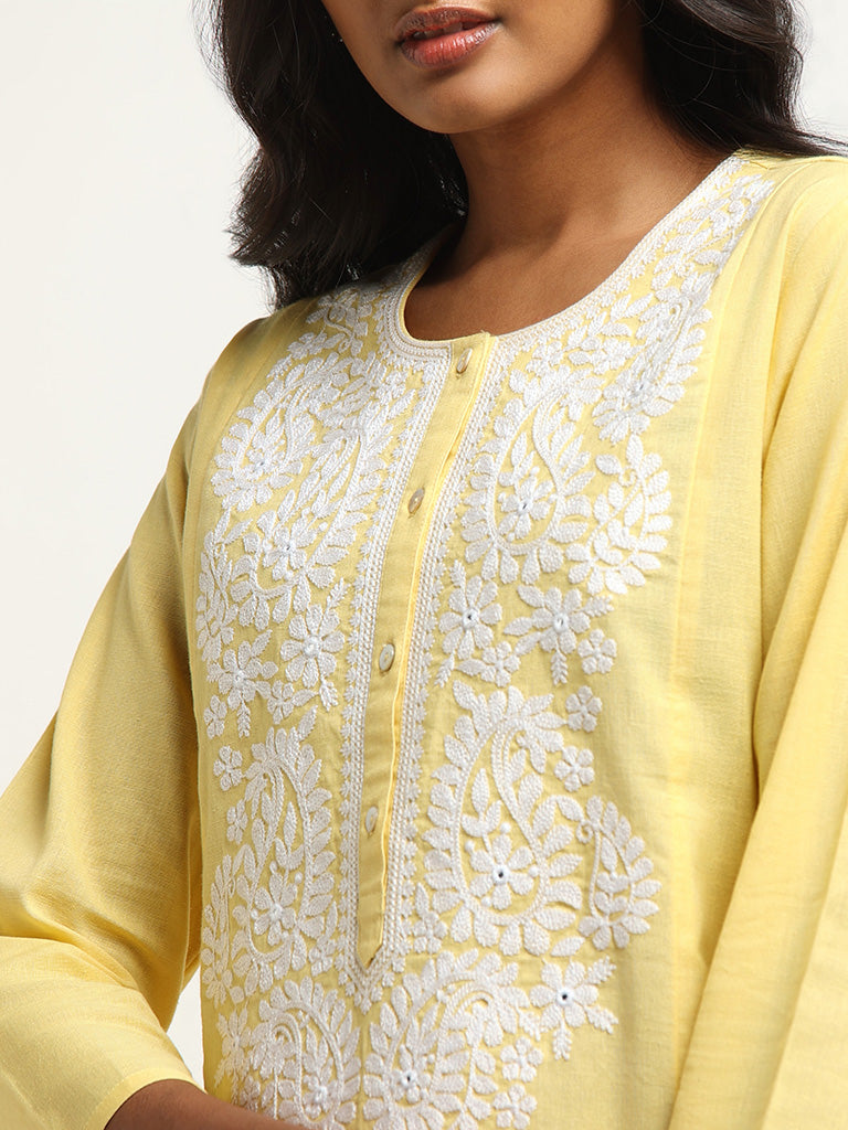 Utsa Yellow Yoke Embroidered Blended Linen Kurta