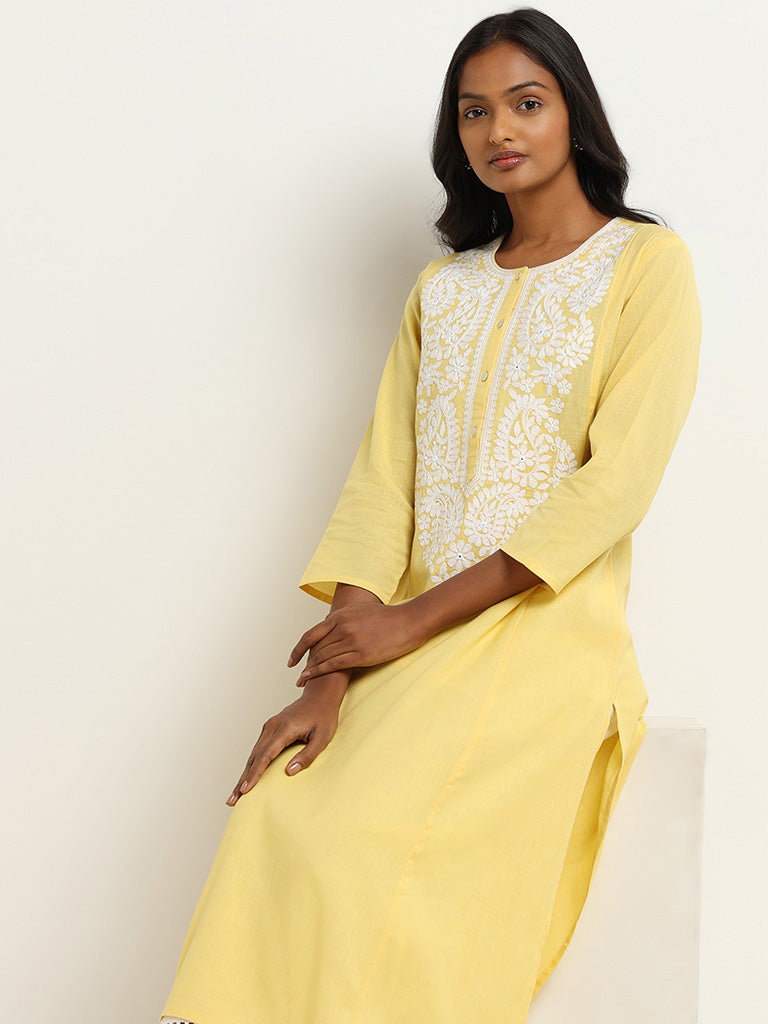 Utsa Yellow Yoke Embroidered Blended Linen Kurta