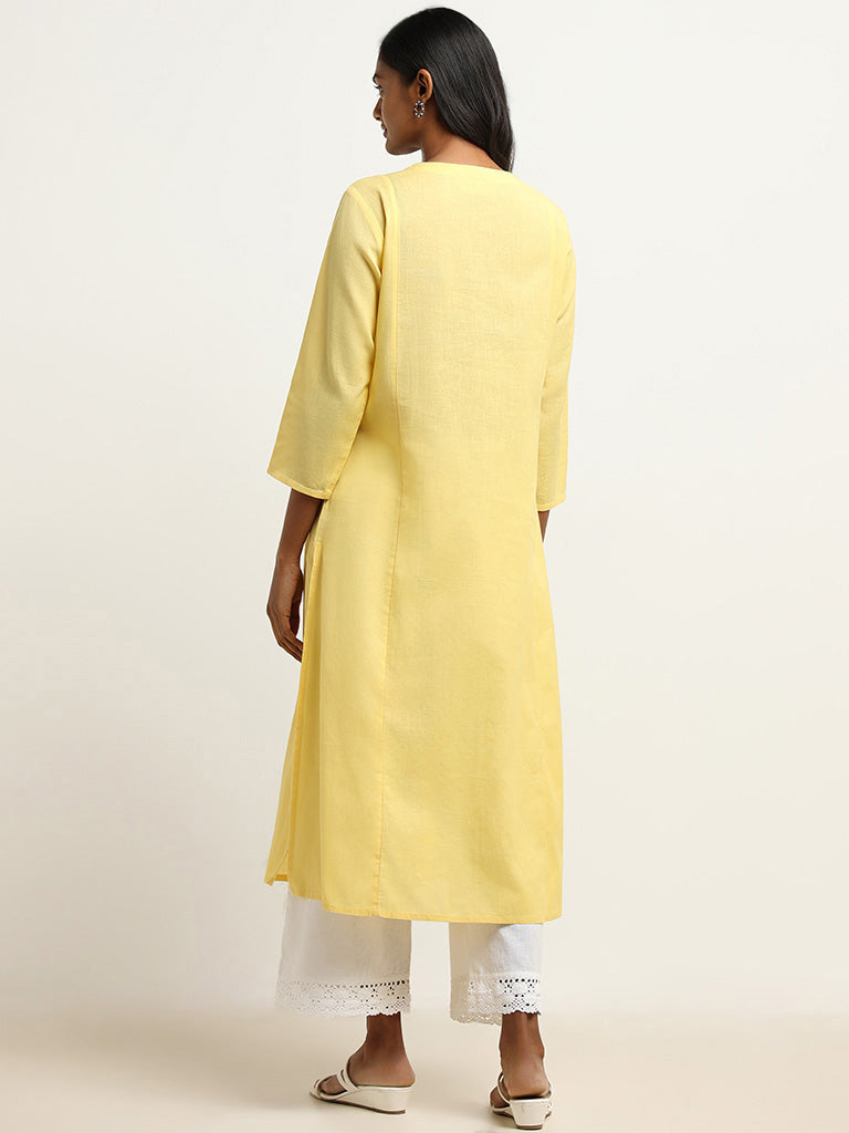 Utsa Yellow Yoke Embroidered Blended Linen Kurta