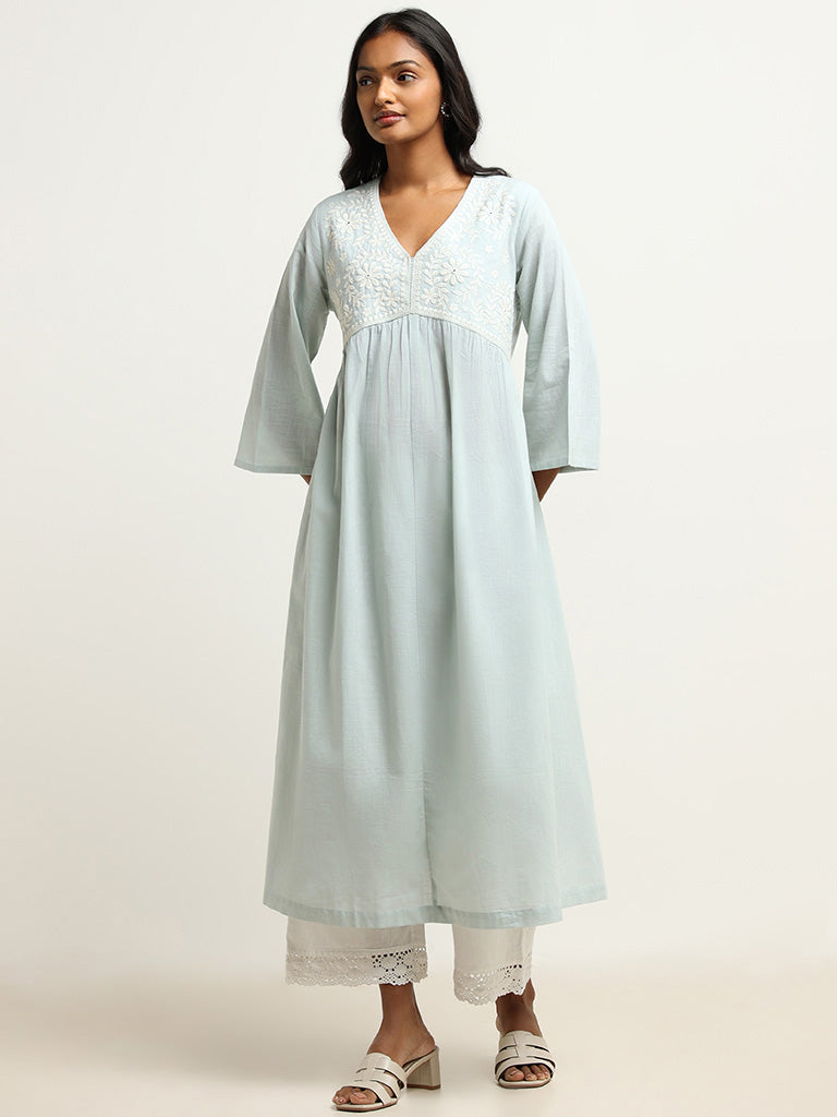 Utsa Blue Yoke Embroidered Cotton Kurta