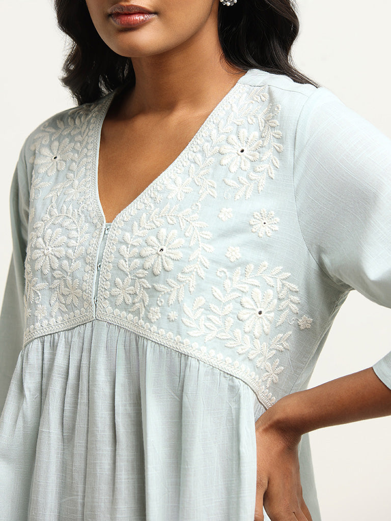 Utsa Blue Yoke Embroidered Cotton Kurta