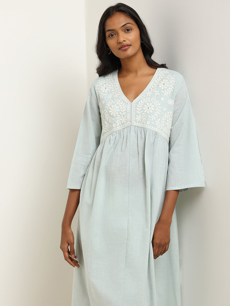 Utsa Blue Yoke Embroidered Cotton Kurta