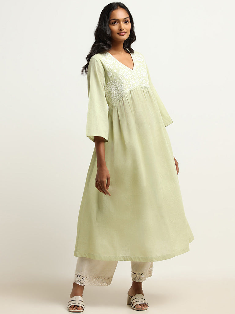 Utsa Green Yoke Embroidered Cotton Kurta