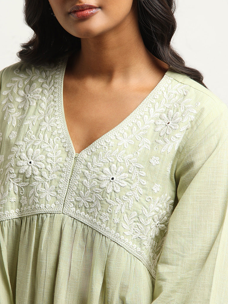 Utsa Green Yoke Embroidered Cotton Kurta