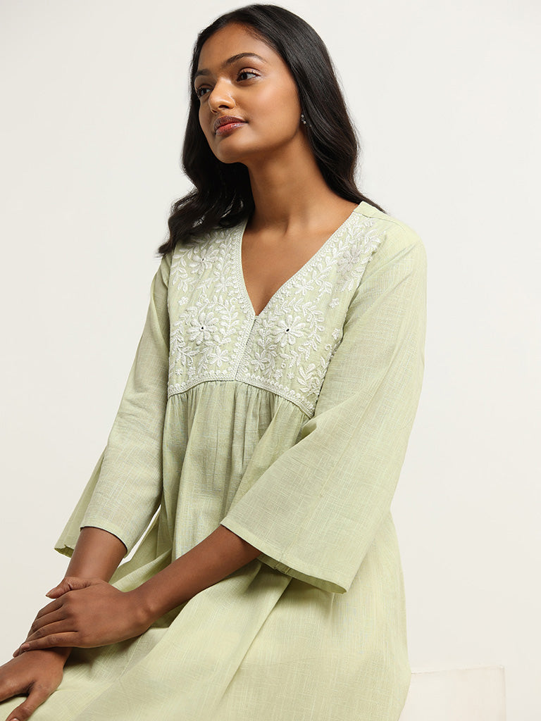 Utsa Green Yoke Embroidered Cotton Kurta