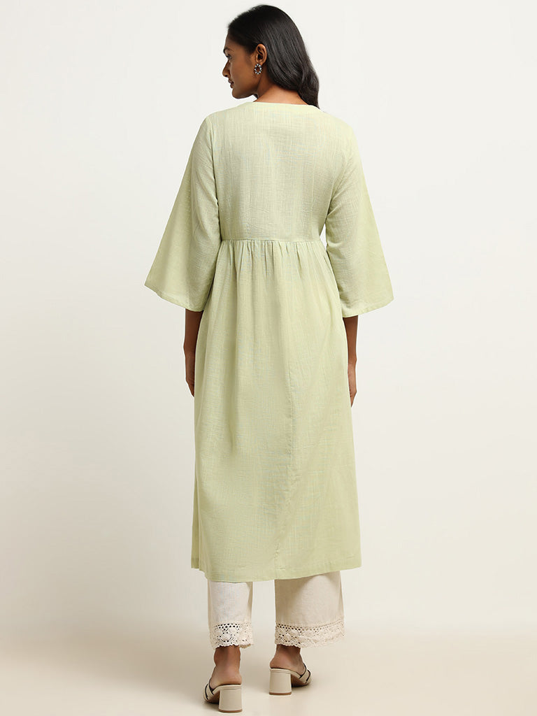 Utsa Green Yoke Embroidered Cotton Kurta