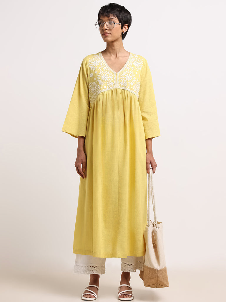 Utsa Yellow Floral Embroidered Cotton Kurta