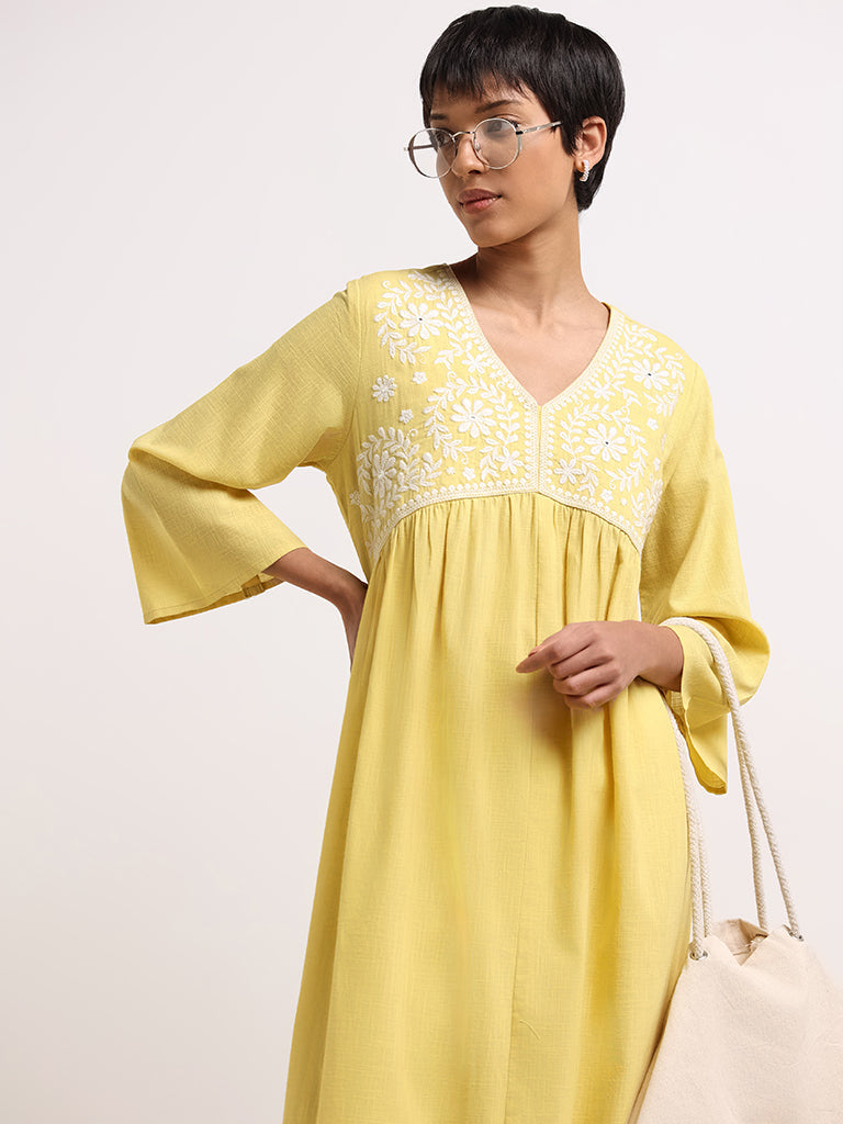 Utsa Yellow Floral Embroidered Cotton Kurta