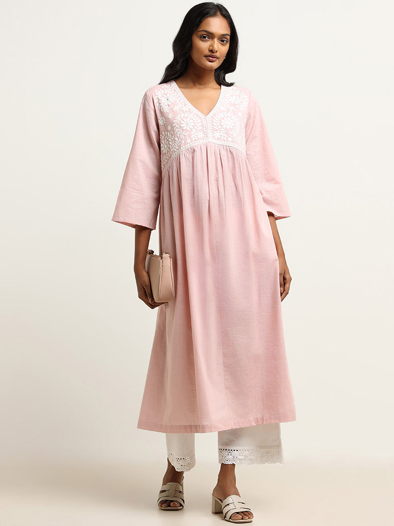 Utsa Pink Yoke Embroidered Cotton Kurta