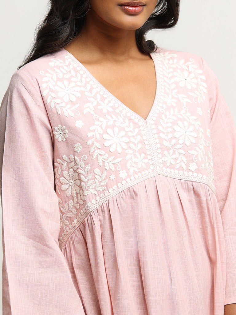 Utsa Pink Yoke Embroidered Cotton Kurta