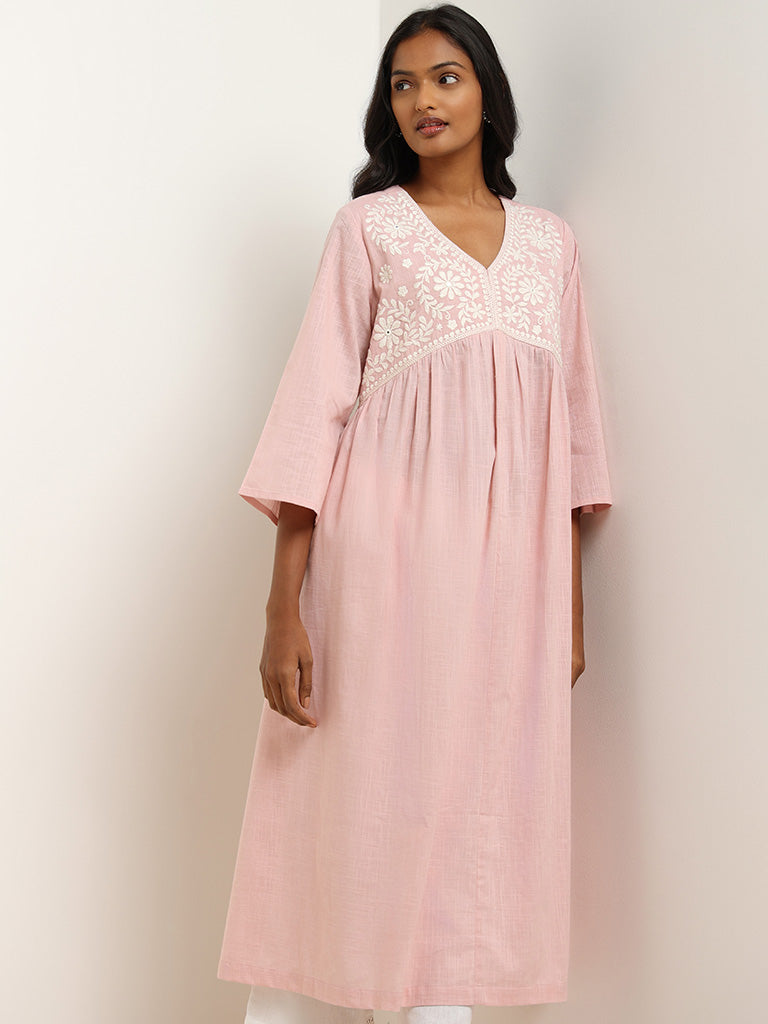 Utsa Pink Yoke Embroidered Cotton Kurta