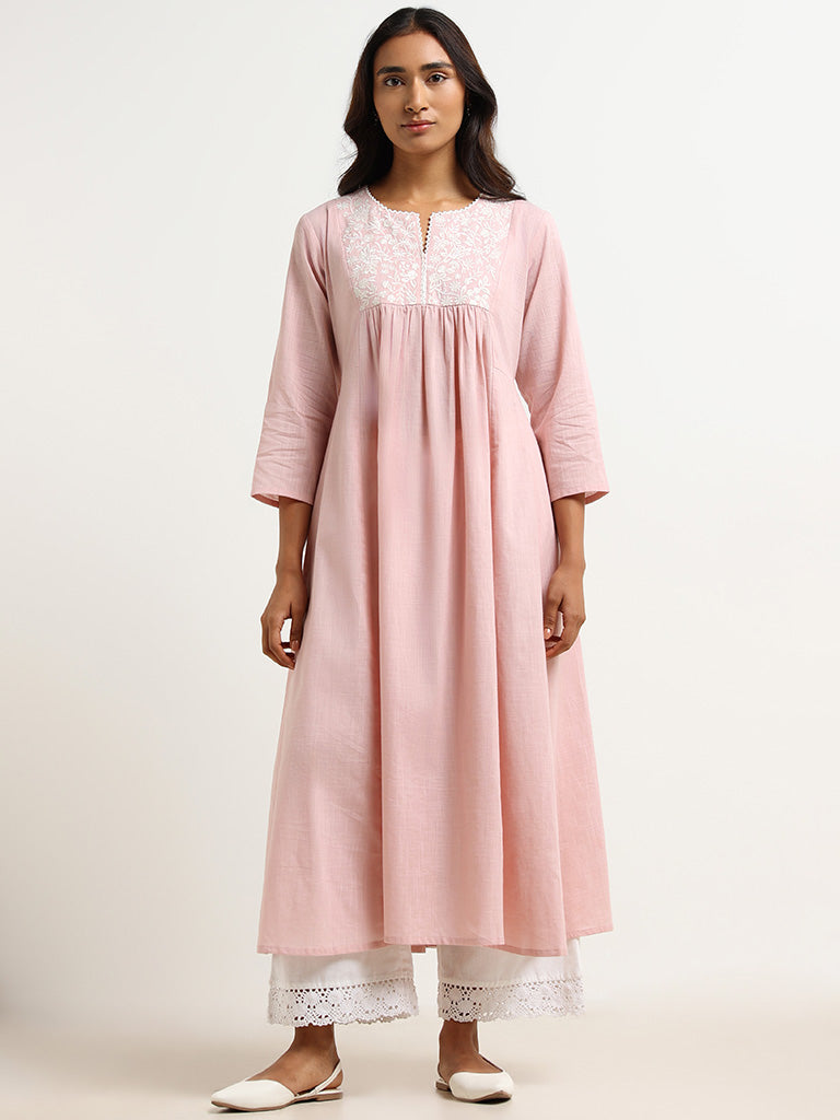 Utsa Pink Embroidered Cotton Kurta