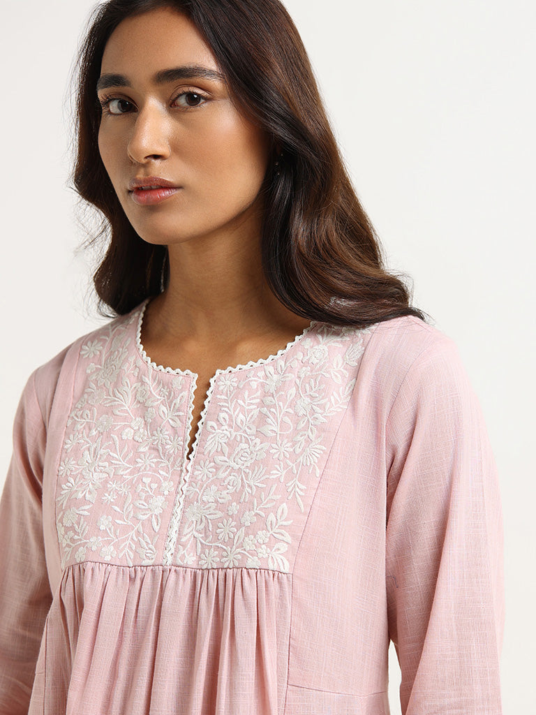 Utsa Pink Embroidered Cotton Kurta