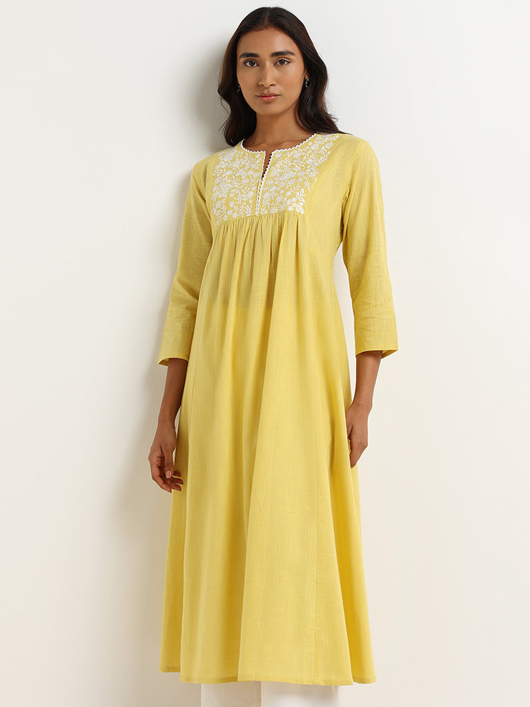 Utsa Yellow Embroidered Cotton Kurta