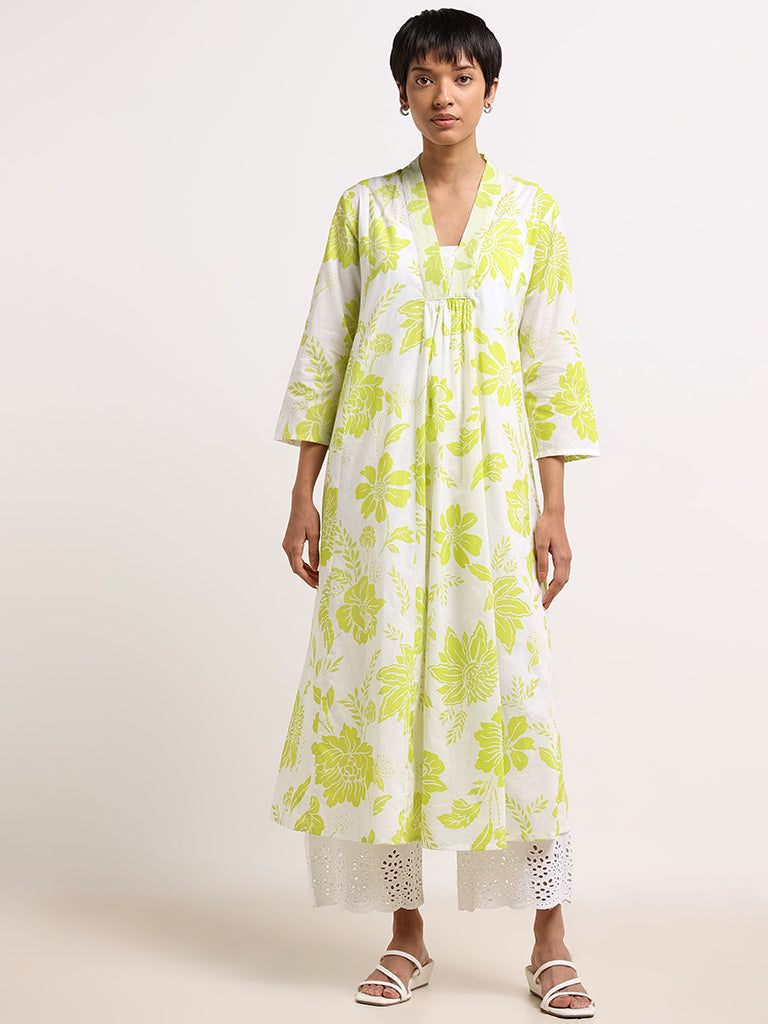 Utsa Lime Floral Printed Cotton Kurta