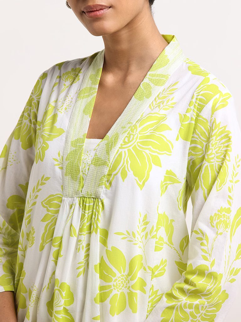 Utsa Lime Floral Printed Cotton Kurta