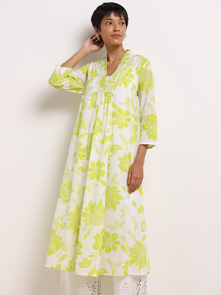 Utsa Lime Floral Printed Cotton Kurta