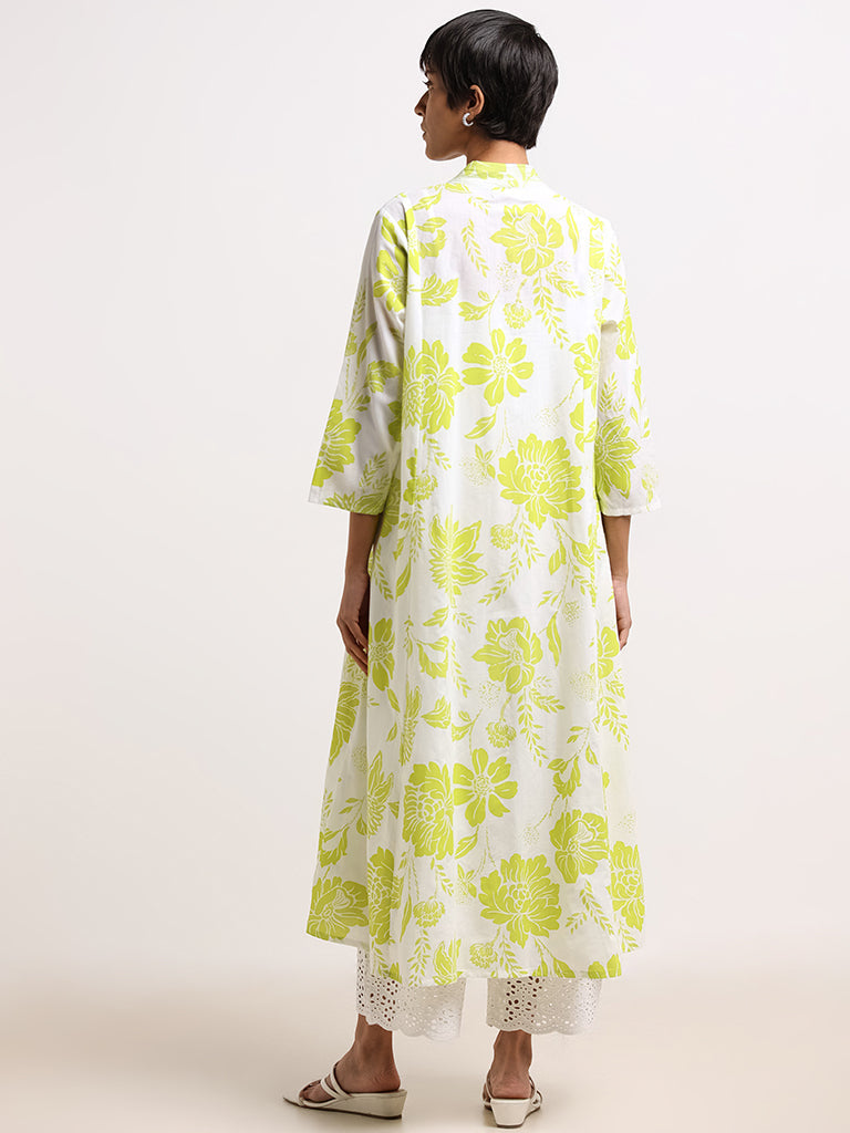 Utsa Lime Floral Printed Cotton Kurta