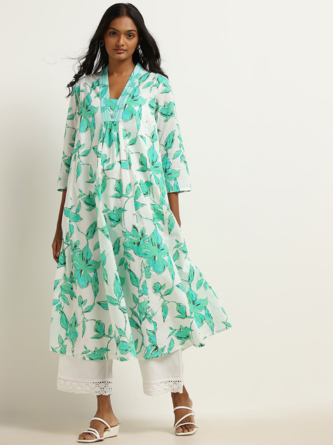 Utsa Turquoise Floral Print Cotton Kurta