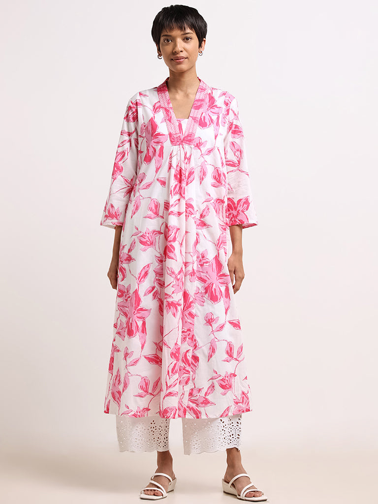 Utsa Pink Floral Printed Cotton Kurta