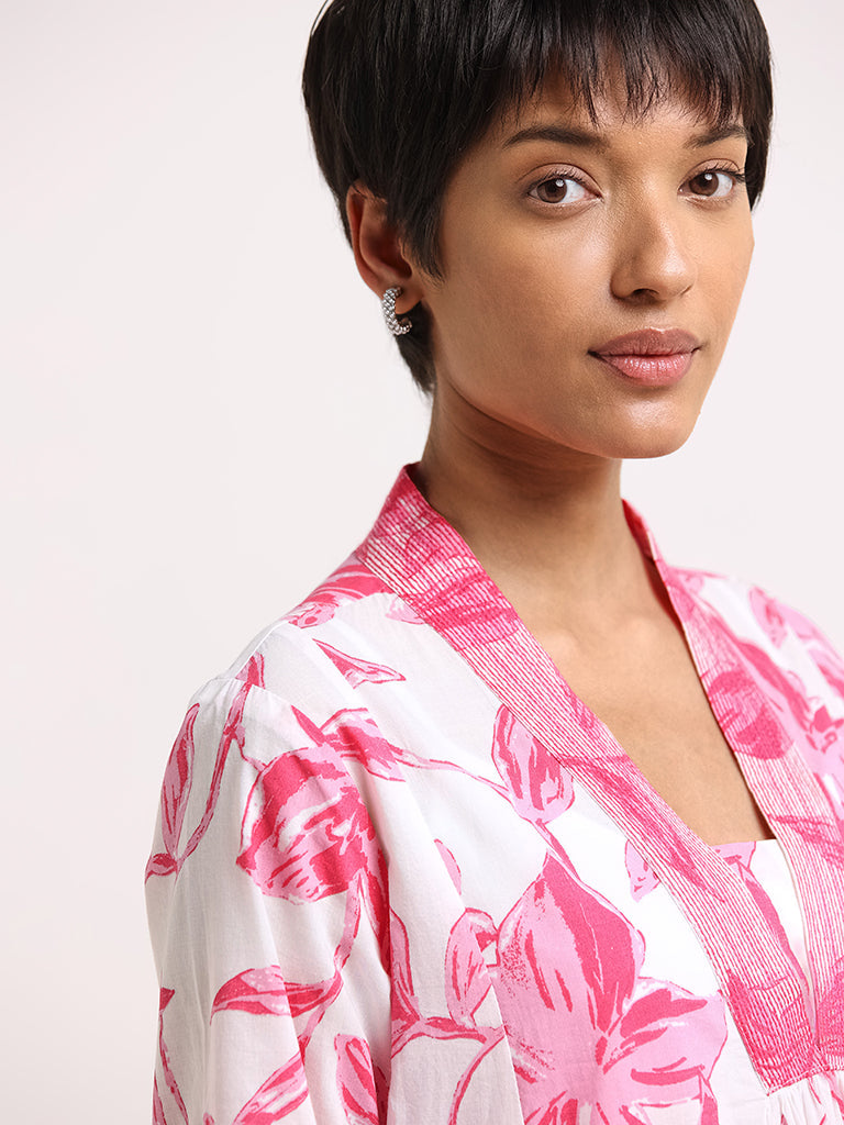 Utsa Pink Floral Printed Cotton Kurta