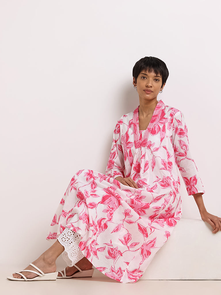 Utsa Pink Floral Printed Cotton Kurta