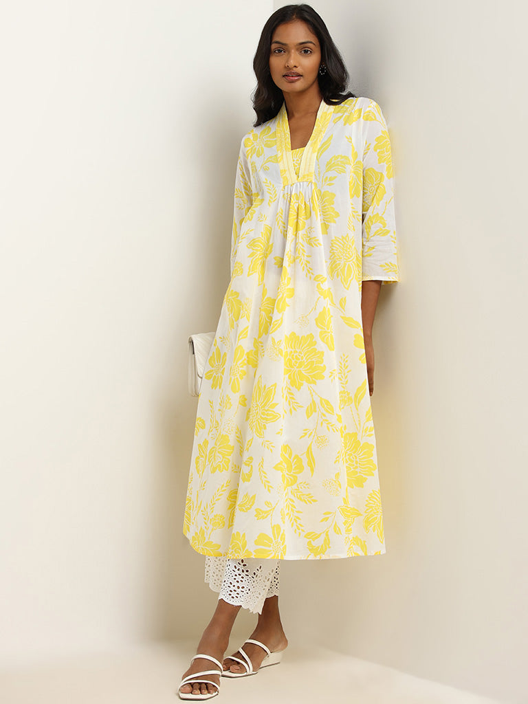 Utsa Yellow Floral Printed Cotton Kurta