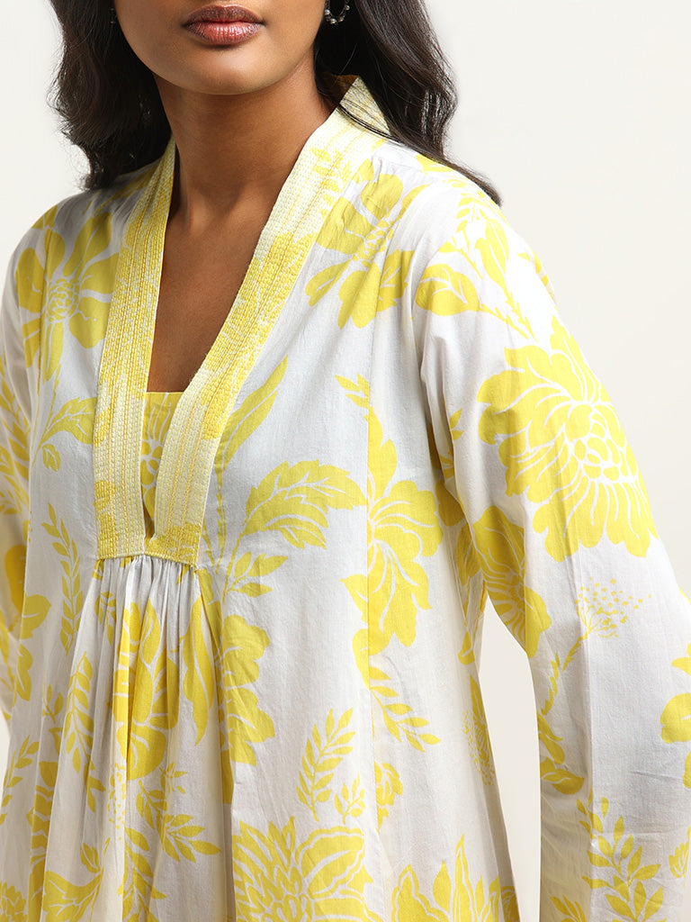 Utsa Yellow Floral Printed Cotton Kurta