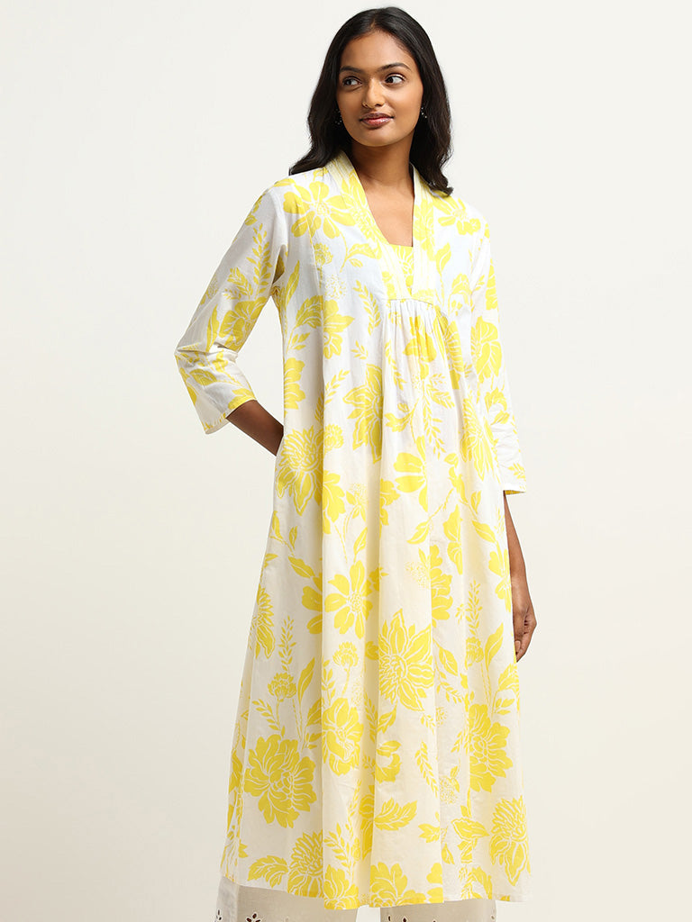 Utsa Yellow Floral Printed Cotton Kurta