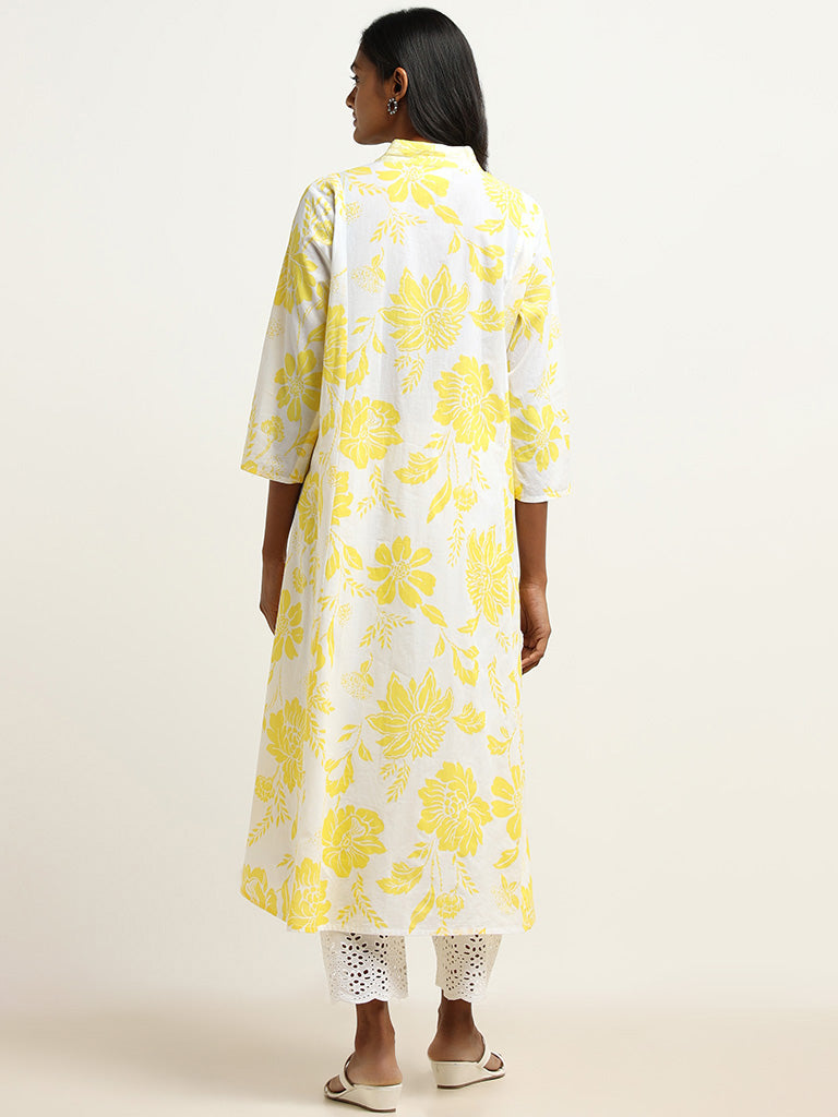 Utsa Yellow Floral Printed Cotton Kurta